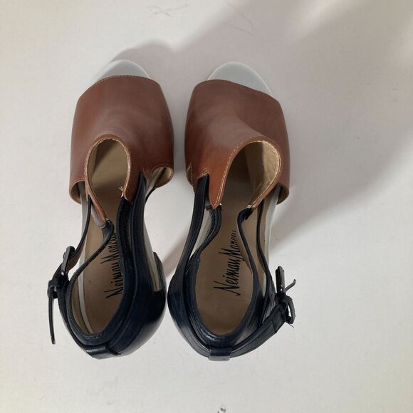 Womens Neiman Marcus Natal NM Leather Peep Toe Strap Back 3 Toned 4" Heels Brown - Picture 4 of 10